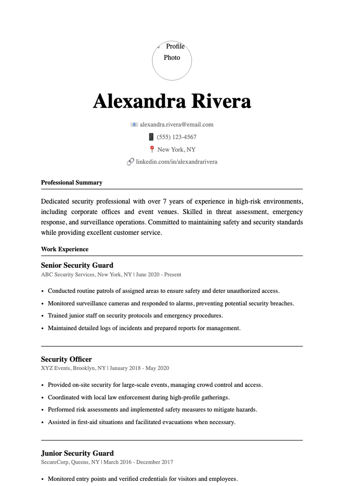 Professional security guard resume with skills bar chart and photo_variant_3